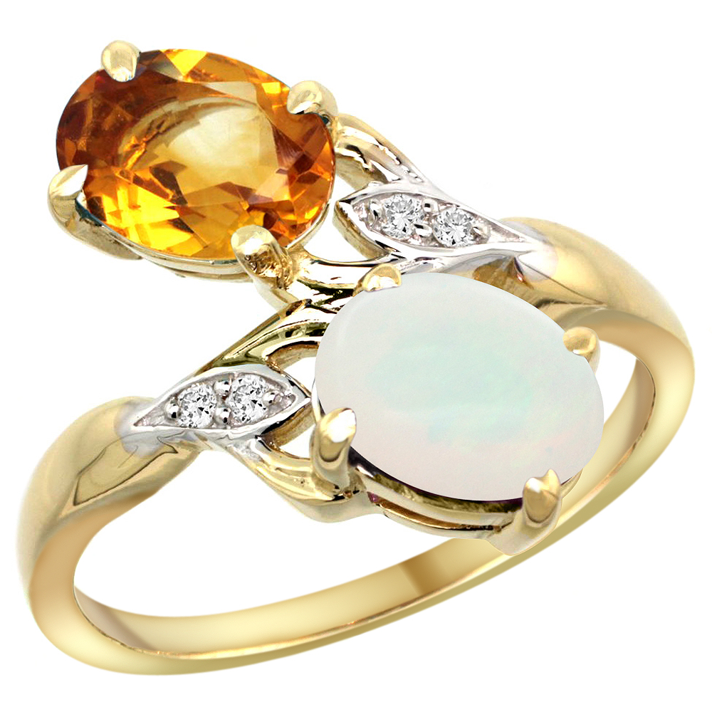 10K YELLOW GOLD DIAMOND NATURAL CITRINE & OPAL 2-STONE RING OVAL 8X6MM, SIZES 5 - 10