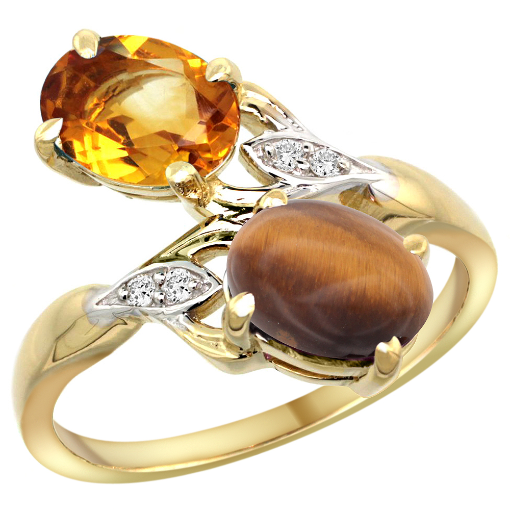 10K Yellow Gold Diamond Natural Citrine & Tiger Eye 2-stone Ring Oval 8x6mm, sizes 5 - 10