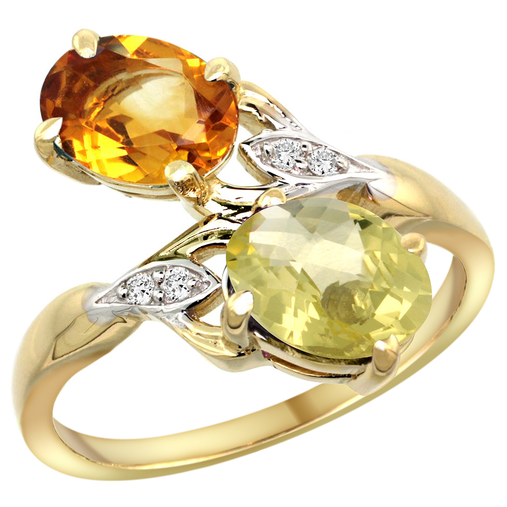 10K Yellow Gold Diamond Natural Citrine &amp; Lemon Quartz 2-stone Ring Oval 8x6mm, sizes 5 - 10