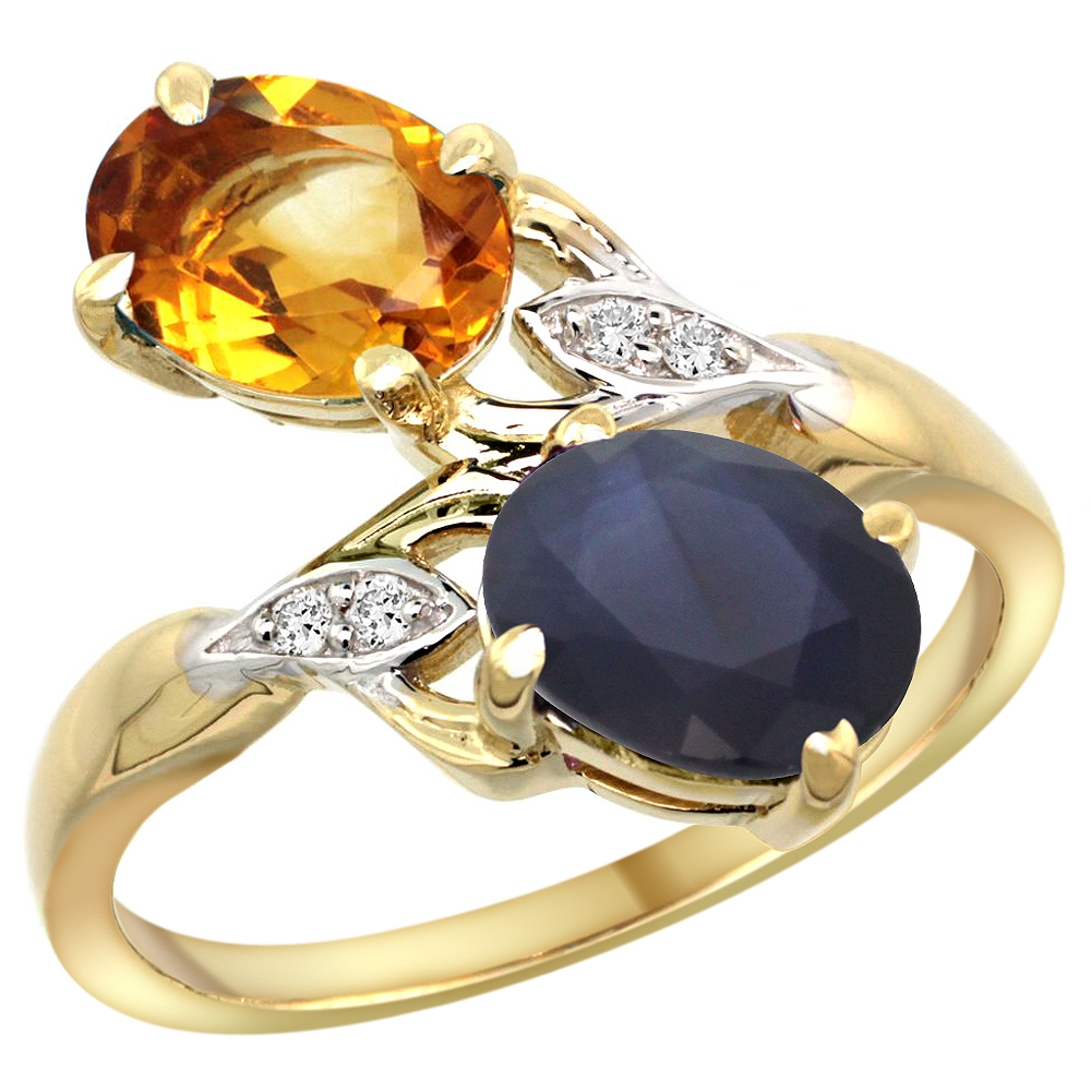 10K YELLOW GOLD DIAMOND NATURAL CITRINE & AUSTRALIAN SAPPHIRE 2-STONE RING OVAL 8X6MM, SIZES 5 - 10