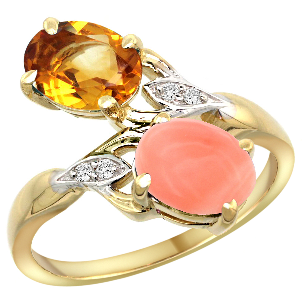 10K Yellow Gold Diamond Natural Citrine &amp; Coral 2-stone Ring Oval 8x6mm, sizes 5 - 10