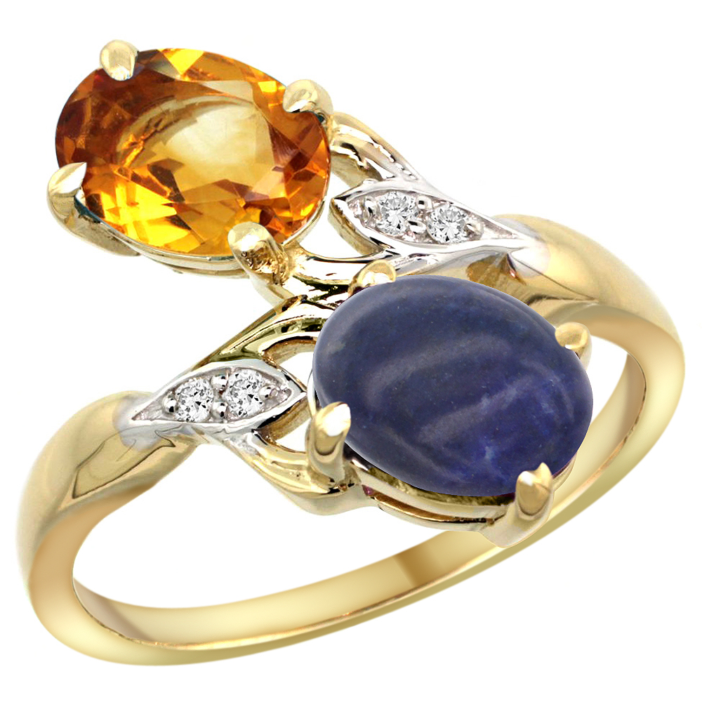 10K YELLOW GOLD DIAMOND NATURAL CITRINE & LAPIS 2-STONE RING OVAL 8X6MM, SIZES 5 - 10