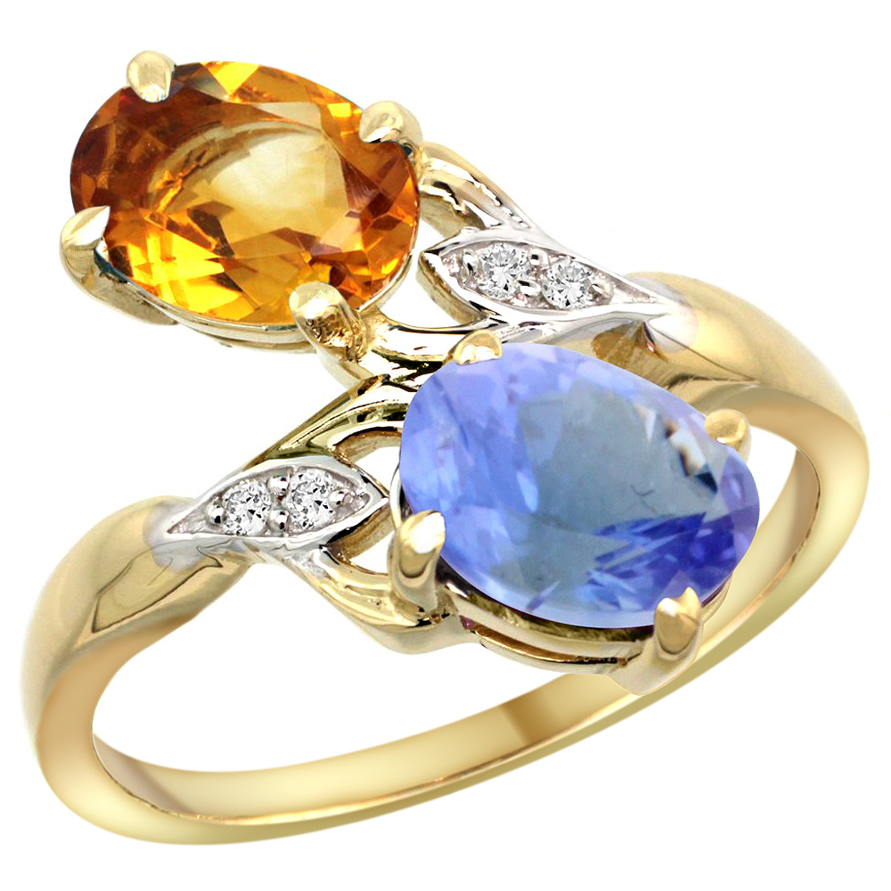 10K Yellow Gold Diamond Natural Citrine &amp; Tanzanite 2-stone Ring Oval 8x6mm, sizes 5 - 10