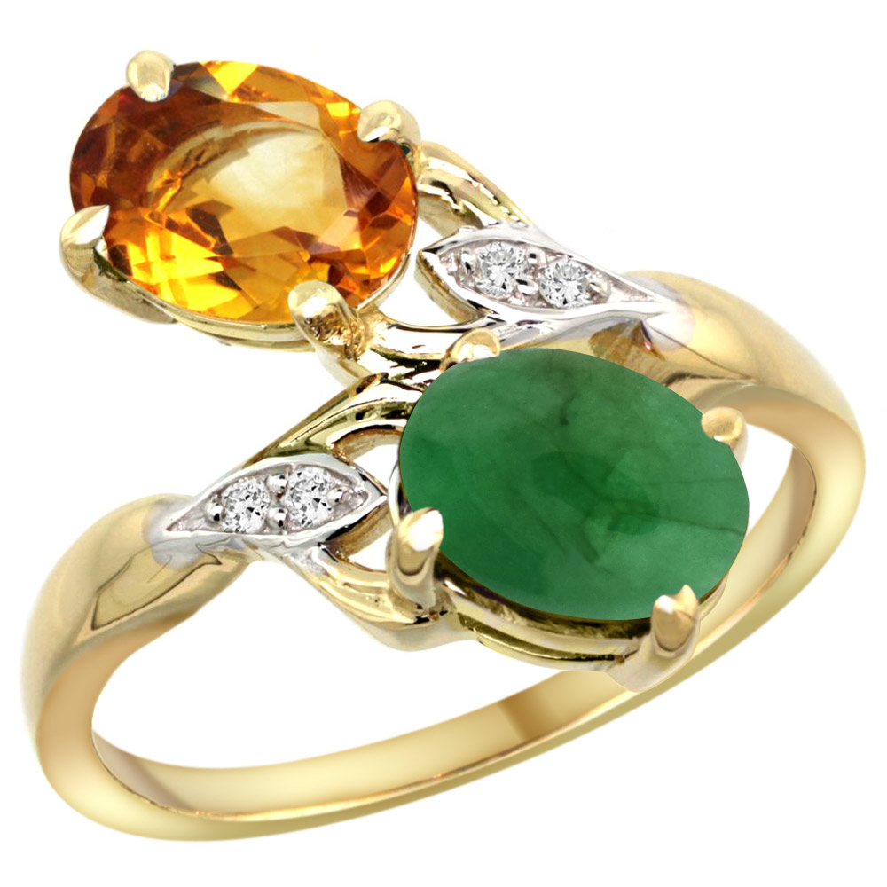 10K YELLOW GOLD DIAMOND NATURAL CITRINE & CABOCHON EMERALD 2-STONE RING OVAL 8X6MM, SIZES 5 - 10