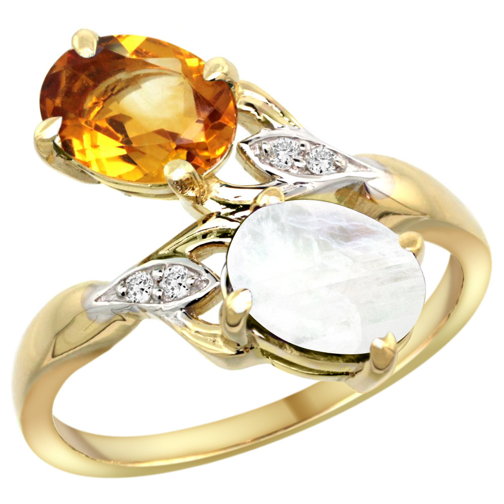 10K YELLOW GOLD DIAMOND NATURAL CITRINE & RAINBOW MOONSTONE 2-STONE RING OVAL 8X6MM, SIZES 5 - 10