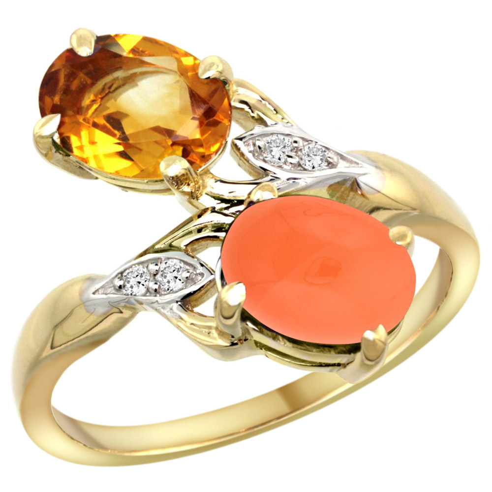 10K YELLOW GOLD DIAMOND NATURAL CITRINE & ORANGE MOONSTONE 2-STONE RING OVAL 8X6MM, SIZES 5 - 10