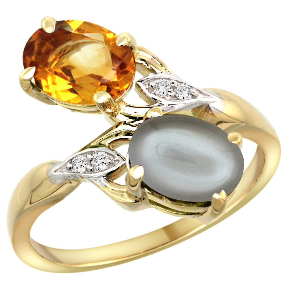 10K YELLOW GOLD DIAMOND NATURAL CITRINE & GRAY MOONSTONE 2-STONE RING OVAL 8X6MM, SIZES 5 - 10