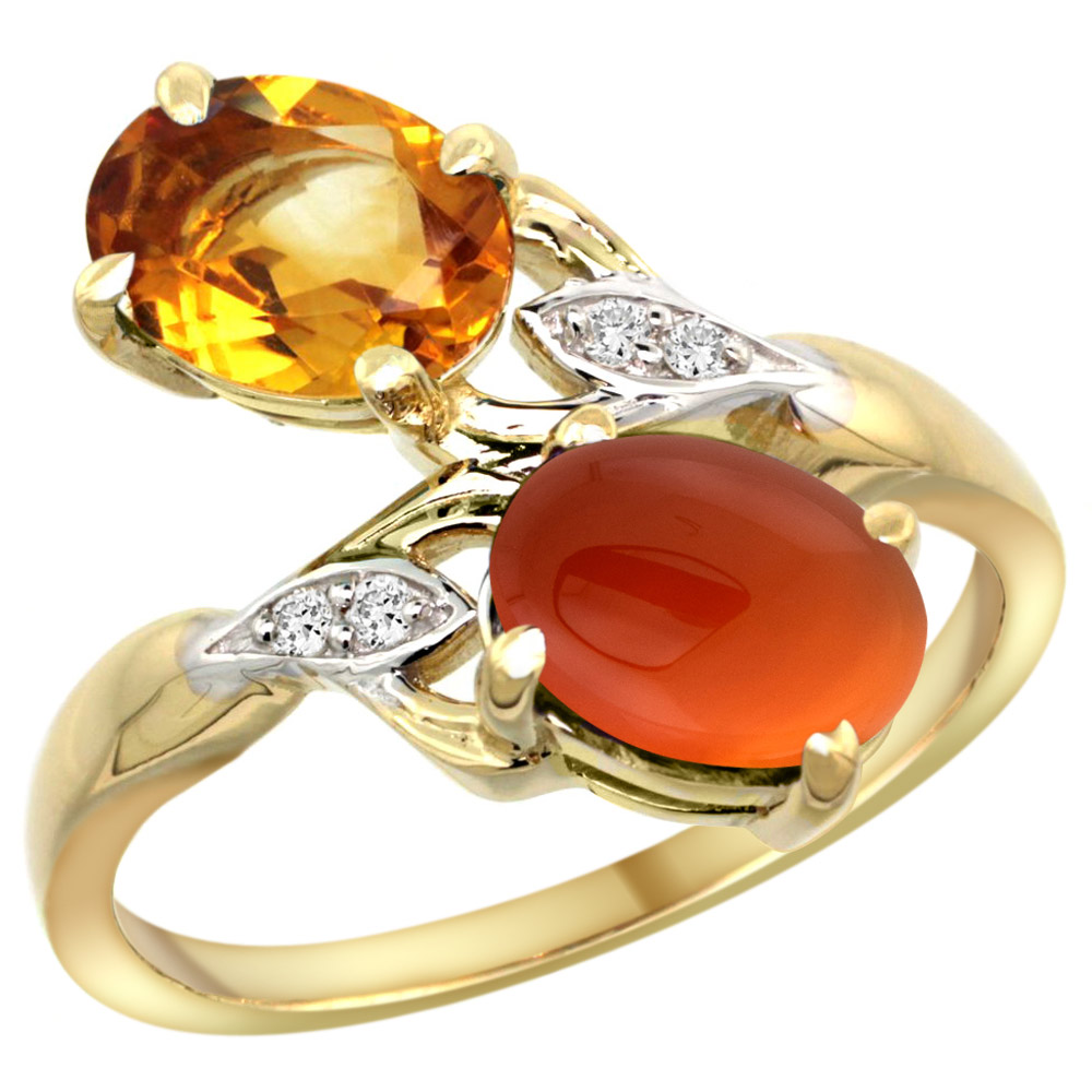10K YELLOW GOLD DIAMOND NATURAL CITRINE & BROWN AGATE 2-STONE RING OVAL 8X6MM, SIZES 5 - 10