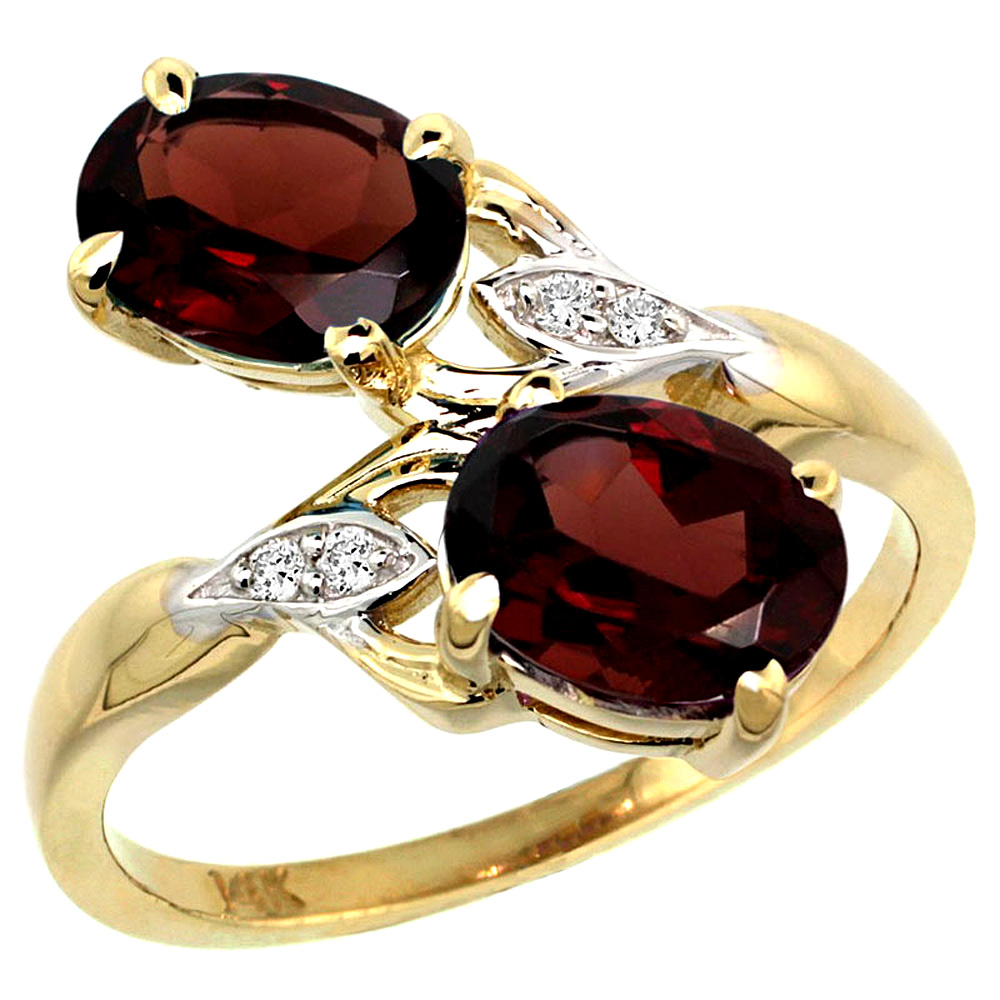 14K YELLOW GOLD DIAMOND NATURAL GARNET 2-STONE RING OVAL 8X6MM, SIZES 5 - 10