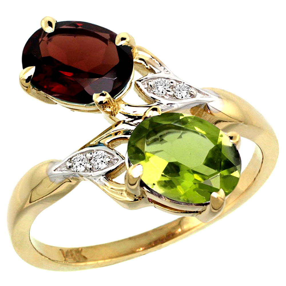 14k Yellow Gold Diamond Natural Garnet &amp; Peridot 2-stone Ring Oval 8x6mm, sizes 5 - 10