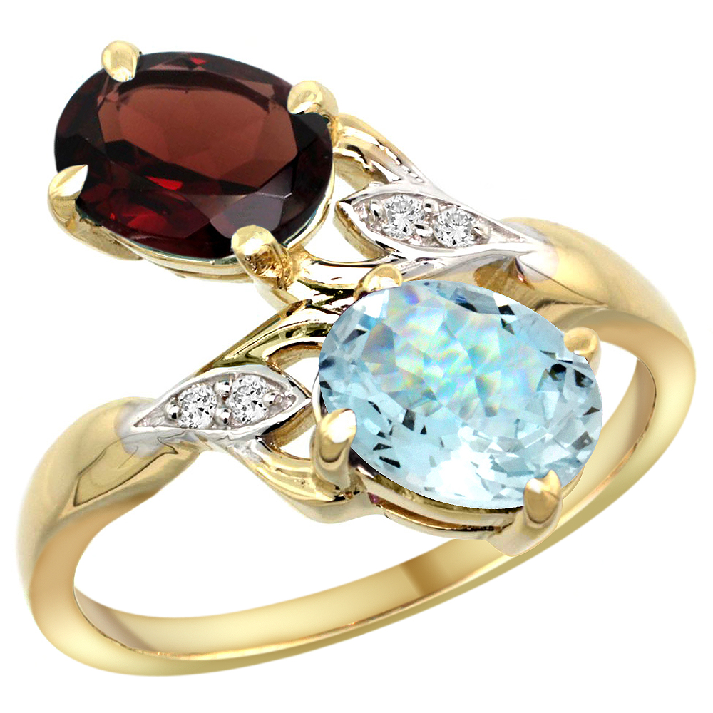10K YELLOW GOLD DIAMOND NATURAL GARNET & AQUAMARINE 2-STONE RING OVAL 8X6MM, SIZES 5 - 10