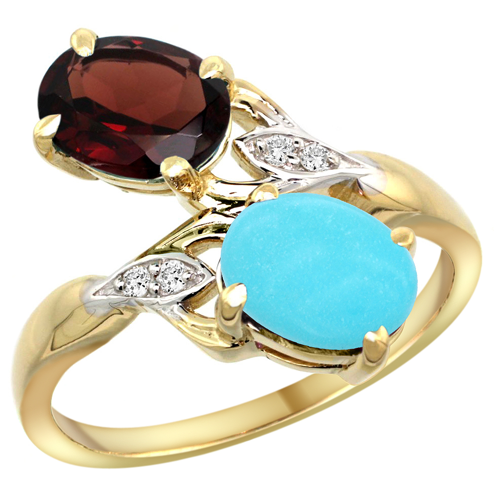 10K Yellow Gold Diamond Natural Garnet &amp; Turquoise 2-stone Ring Oval 8x6mm, sizes 5 - 10