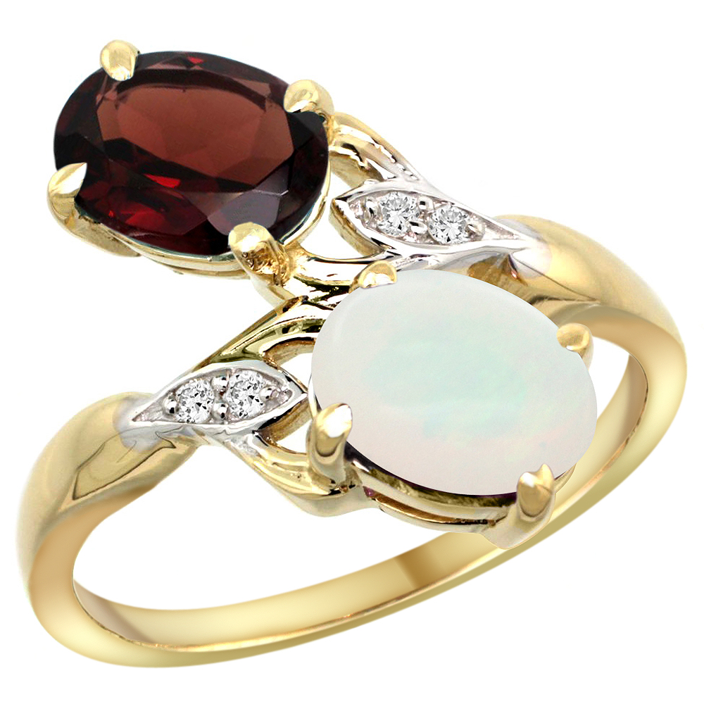 10K Yellow Gold Diamond Natural Garnet &amp; Opal 2-stone Ring Oval 8x6mm, sizes 5 - 10