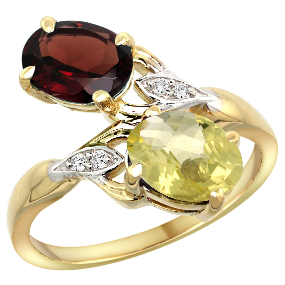 10K Yellow Gold Diamond Natural Garnet &amp; Lemon Quartz 2-stone Ring Oval 8x6mm, sizes 5 - 10