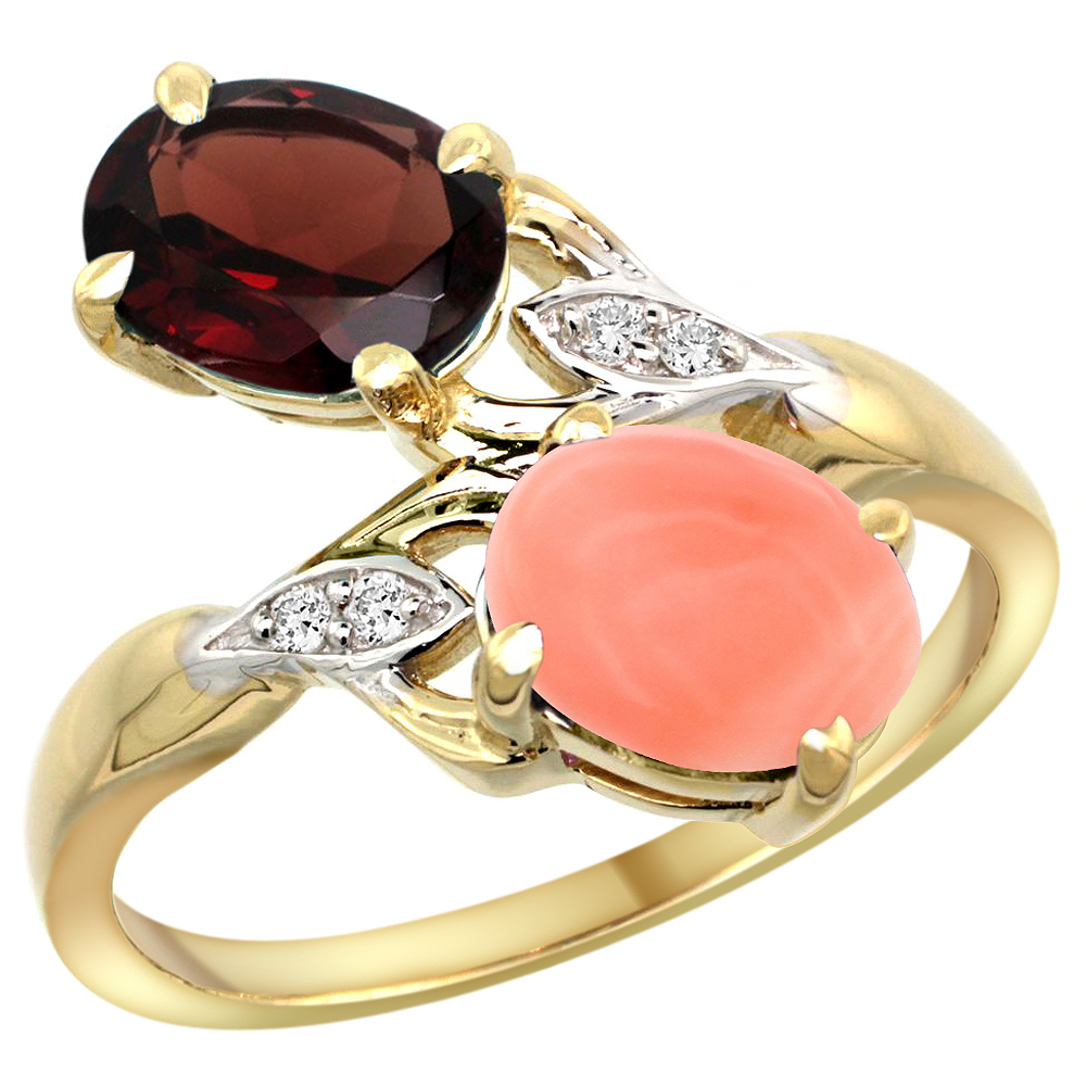 10K YELLOW GOLD DIAMOND NATURAL GARNET & CORAL 2-STONE RING OVAL 8X6MM, SIZES 5 - 10