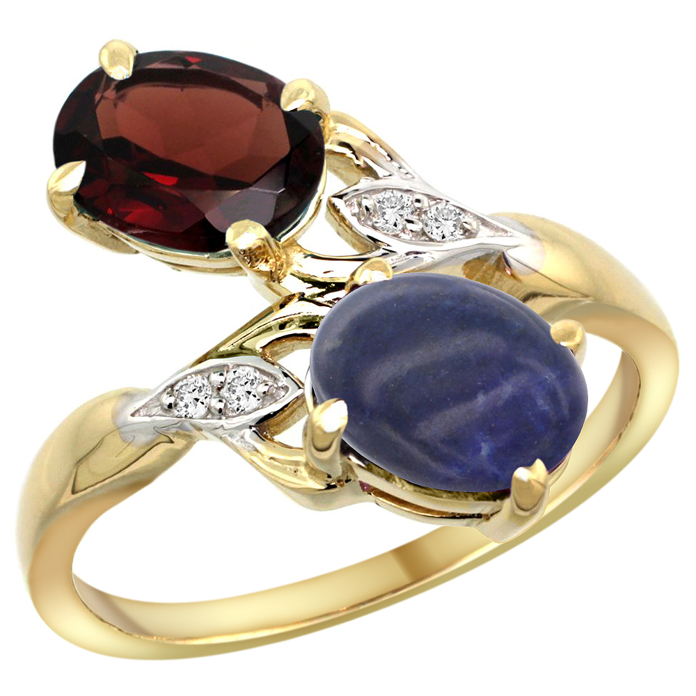 10K YELLOW GOLD DIAMOND NATURAL GARNET & LAPIS 2-STONE RING OVAL 8X6MM, SIZES 5 - 10
