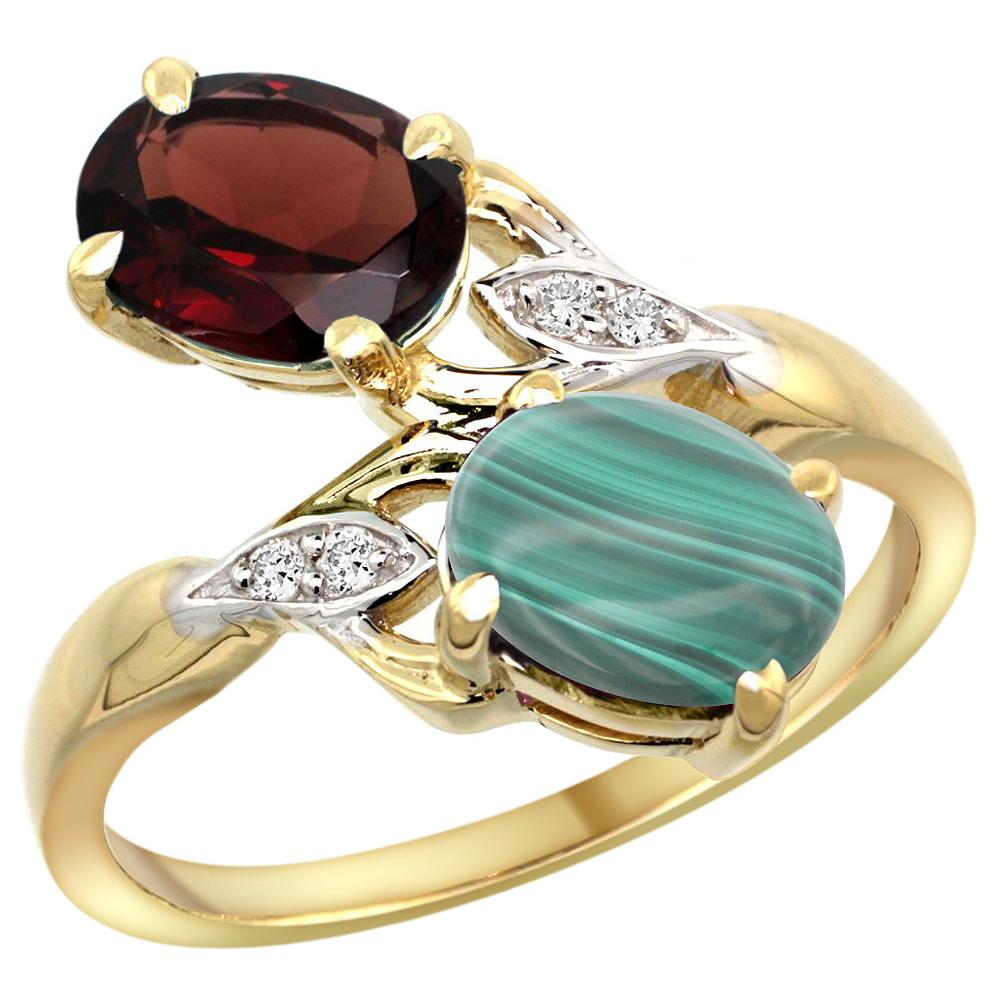 10K YELLOW GOLD DIAMOND NATURAL GARNET & MALACHITE 2-STONE RING OVAL 8X6MM, SIZES 5 - 10