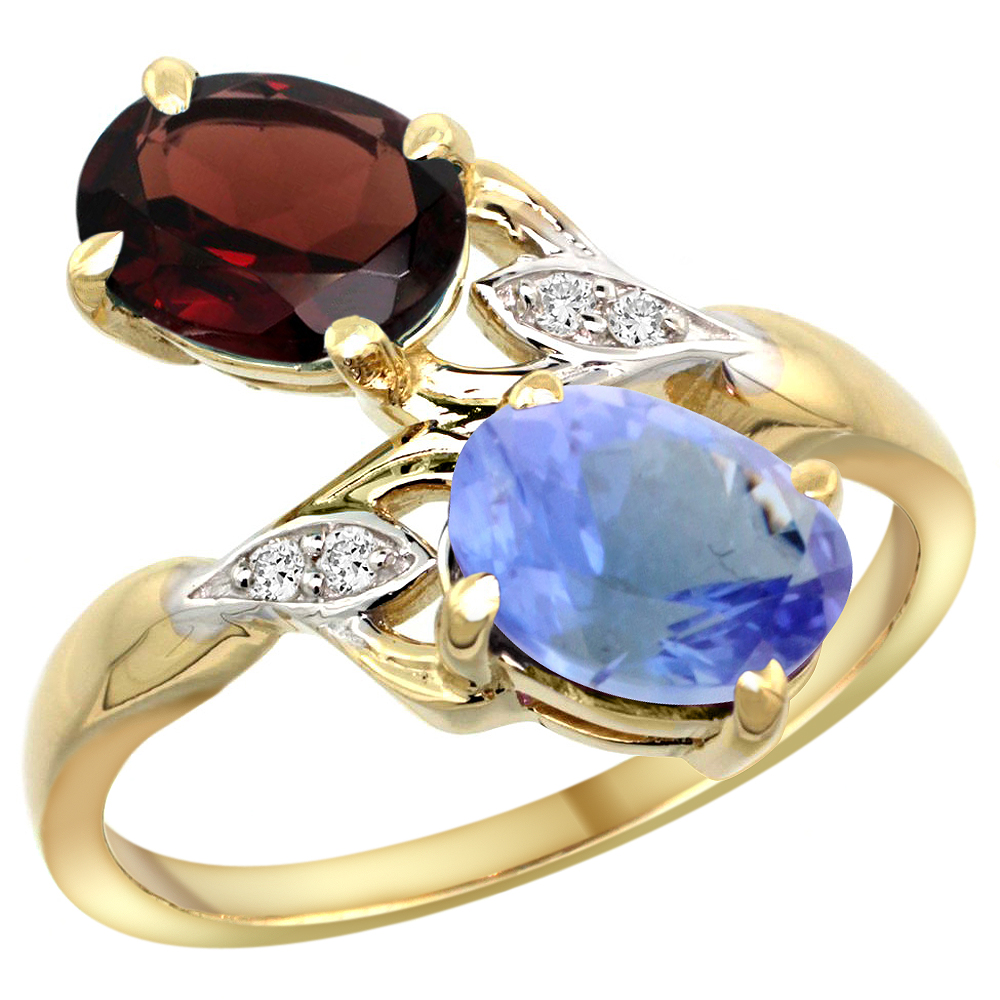 10K YELLOW GOLD DIAMOND NATURAL GARNET & TANZANITE 2-STONE RING OVAL 8X6MM, SIZES 5 - 10