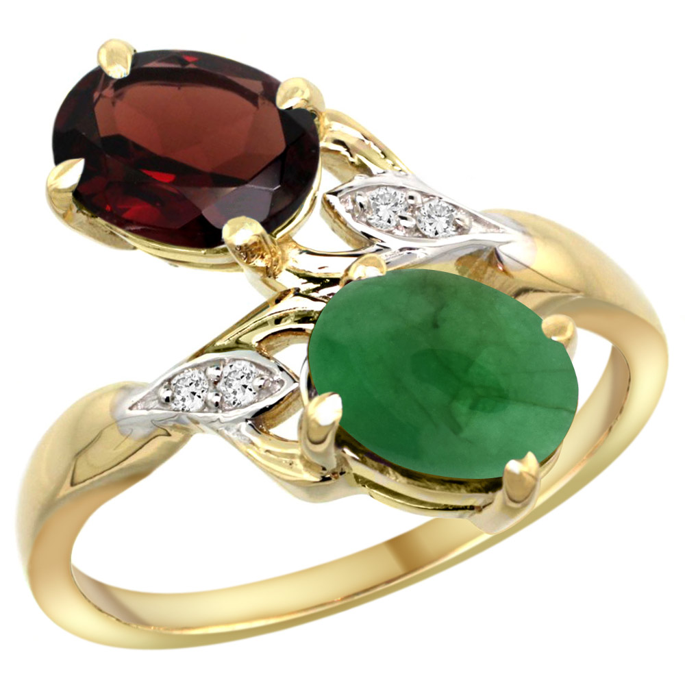10K Yellow Gold Diamond Natural Garnet &amp; Cabochon Emerald 2-stone Ring Oval 8x6mm, sizes 5 - 10