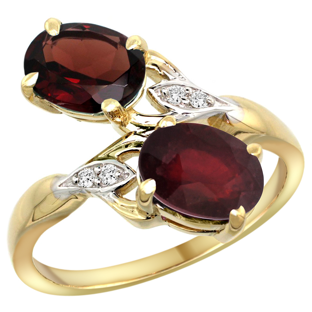 14k Yellow Gold Diamond Natural Garnet & Quality Ruby 2-stone Mothers Ring Oval 8x6mm, size 5 - 10