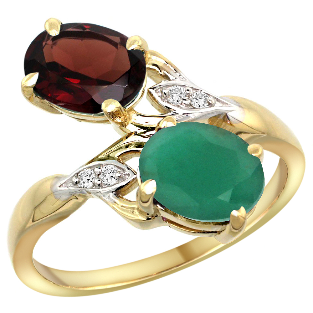 10K Yellow Gold Diamond Natural Garnet & Quality Emerald 2-stone Mothers Ring Oval 8x6mm, size 5 - 10