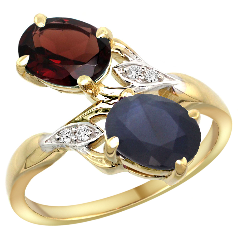 10K YELLOW GOLD DIAMOND NATURAL GARNET BLUE SAPPHIRE 2-STONE MOTHERS RING OVAL 8X6MM SIZE 5 - 10
