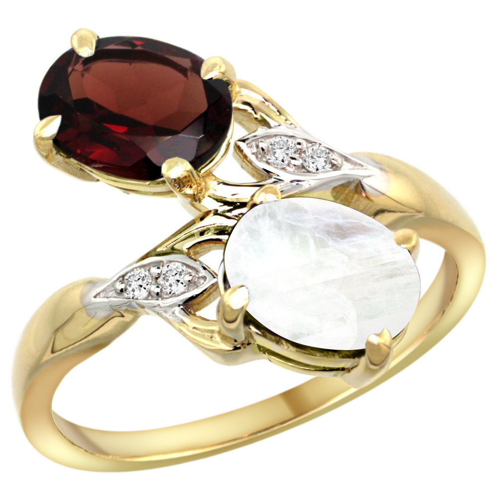 14k Yellow Gold Diamond Natural Garnet &amp; Rainbow Moonstone 2-stone Ring Oval 8x6mm, sizes 5 - 10