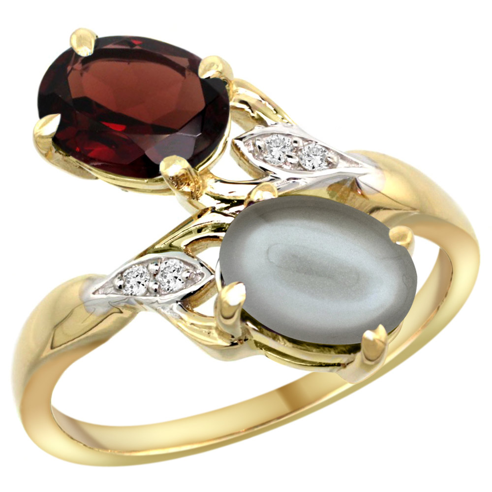 10K Yellow Gold Diamond Natural Garnet &amp; Gray Moonstone 2-stone Ring Oval 8x6mm, sizes 5 - 10