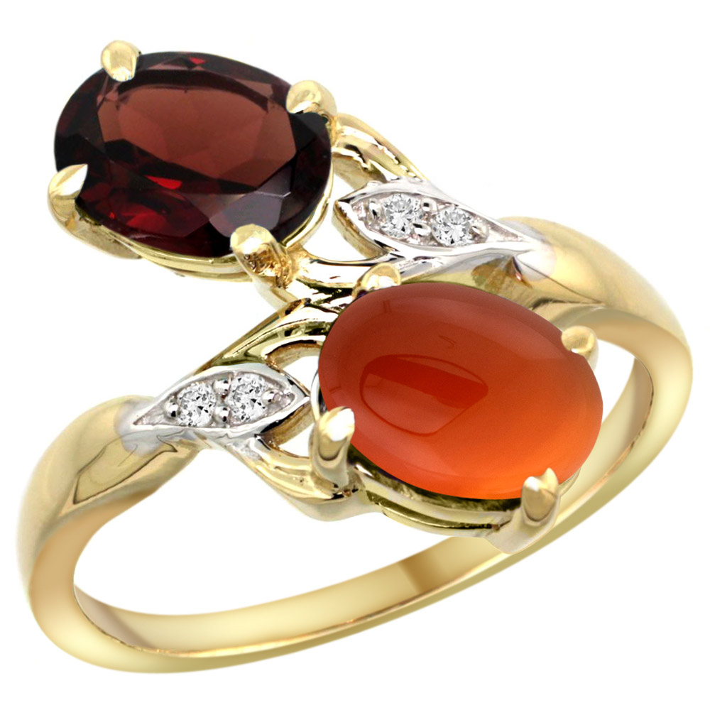 14k Yellow Gold Diamond Natural Garnet & Brown Agate 2-stone Ring Oval 8x6mm, sizes 5 - 10