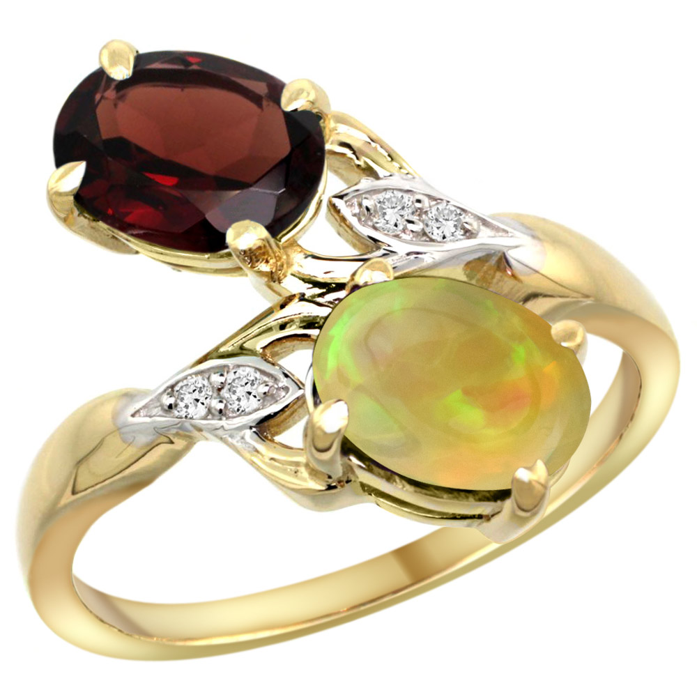 14k Yellow Gold Diamond Natural Garnet &amp; Ethiopian Opal 2-stone Mothers Ring Oval 8x6mm, size 5 - 10