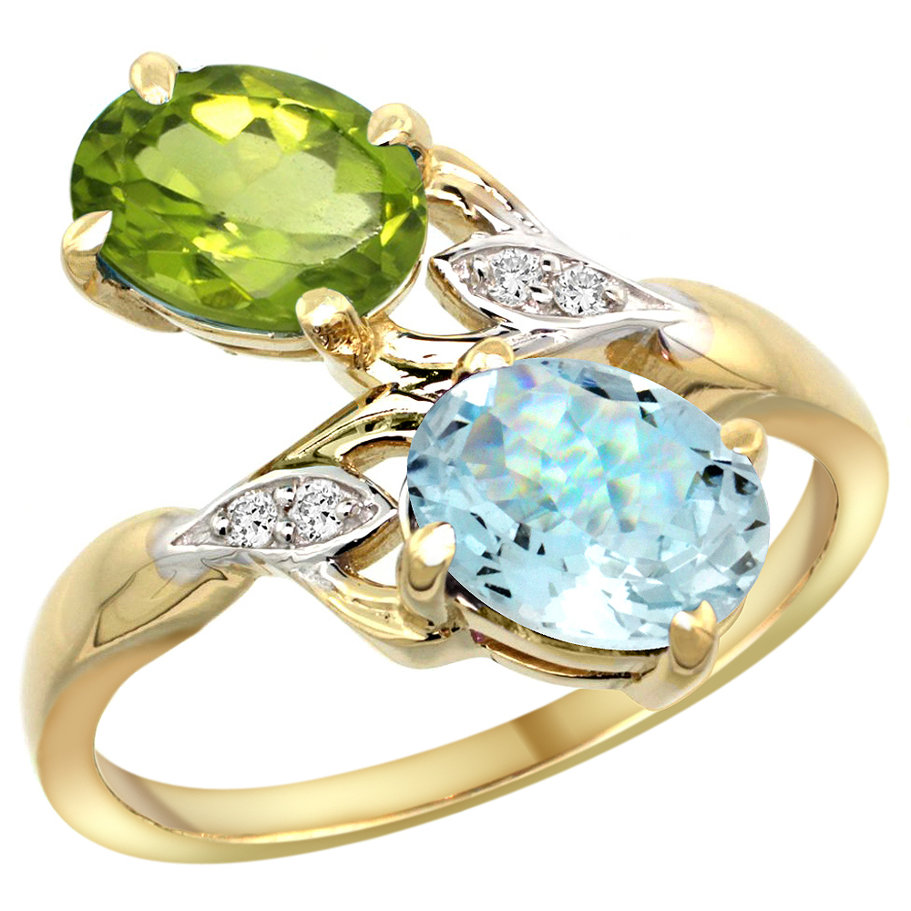 10K Yellow Gold Diamond Natural Peridot &amp; Aquamarine 2-stone Ring Oval 8x6mm, sizes 5 - 10