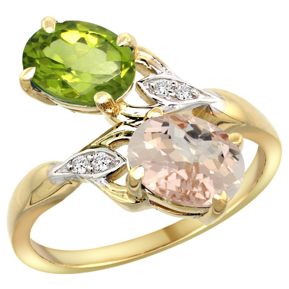 14k Yellow Gold Diamond Natural Peridot & Morganite 2-stone Ring Oval 8x6mm, sizes 5 - 10