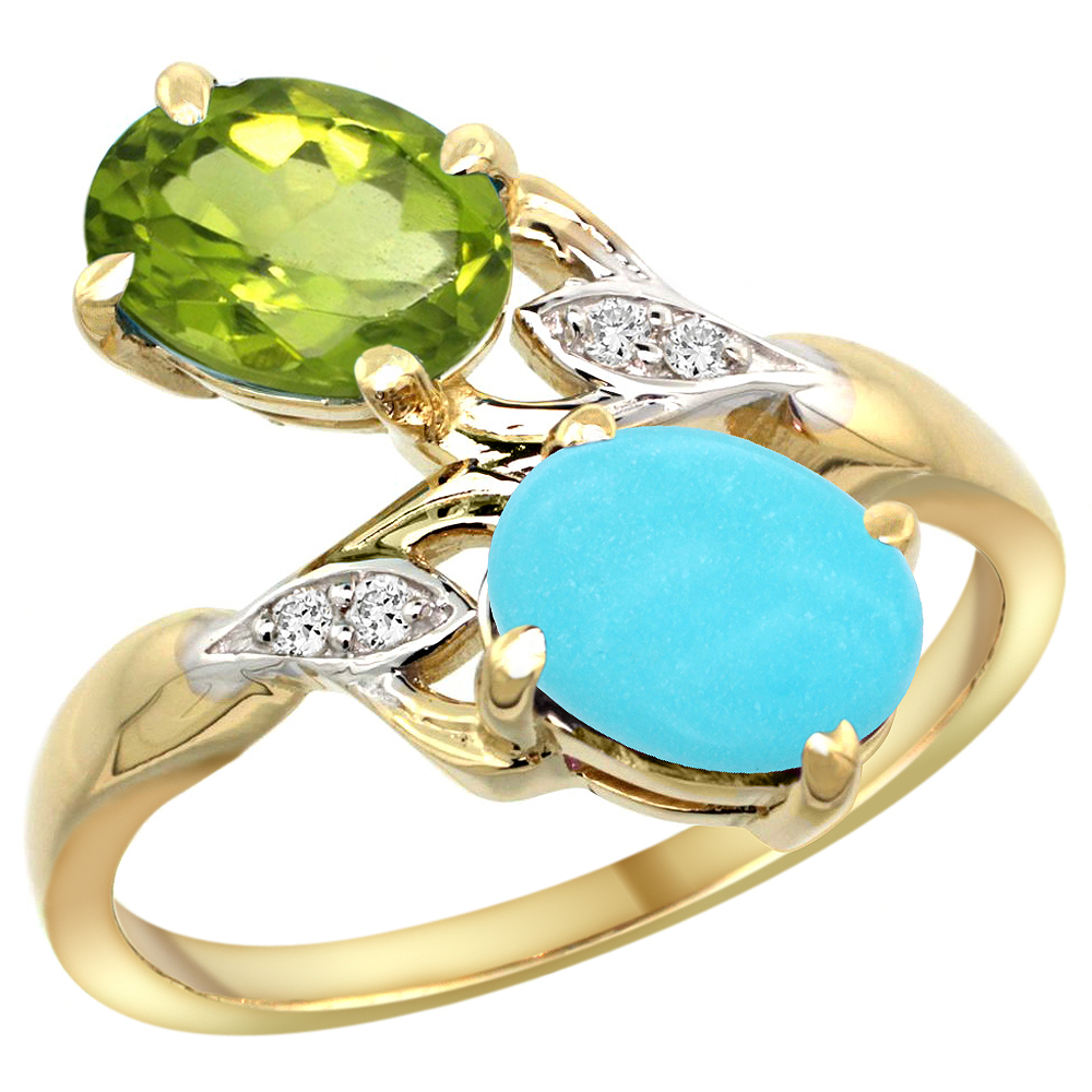 10K Yellow Gold Diamond Natural Peridot &amp; Turquoise 2-stone Ring Oval 8x6mm, sizes 5 - 10