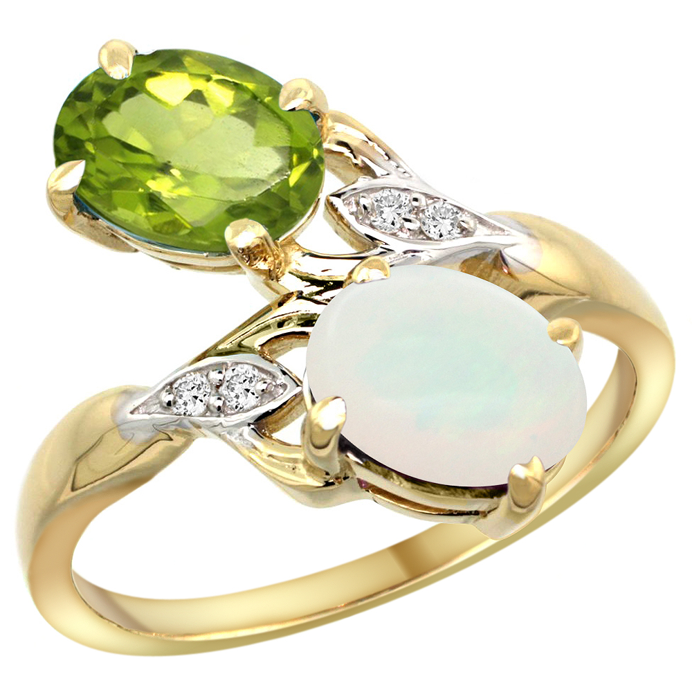 10K YELLOW GOLD DIAMOND NATURAL PERIDOT & OPAL 2-STONE RING OVAL 8X6MM, SIZES 5 - 10