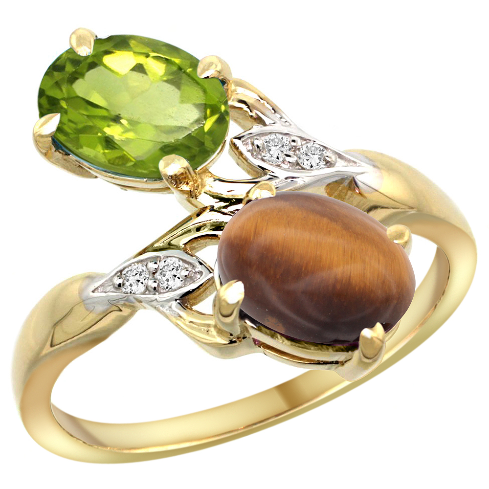 10K Yellow Gold Diamond Natural Peridot &amp; Tiger Eye 2-stone Ring Oval 8x6mm, sizes 5 - 10