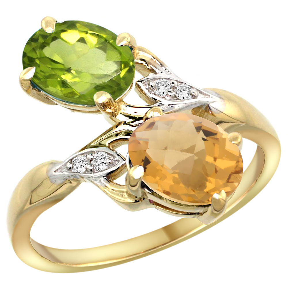 10K YELLOW GOLD DIAMOND NATURAL PERIDOT & WHISKY QUARTZ 2-STONE RING OVAL 8X6MM, SIZES 5 - 10