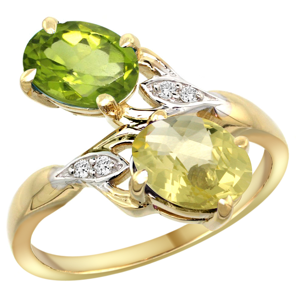 10K Yellow Gold Diamond Natural Peridot & Lemon Quartz 2-stone Ring Oval 8x6mm, sizes 5 - 10