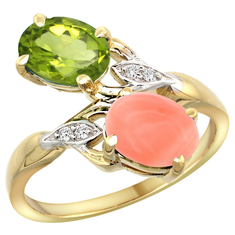 10K Yellow Gold Diamond Natural Peridot & Coral 2-stone Ring Oval 8x6mm, sizes 5 - 10