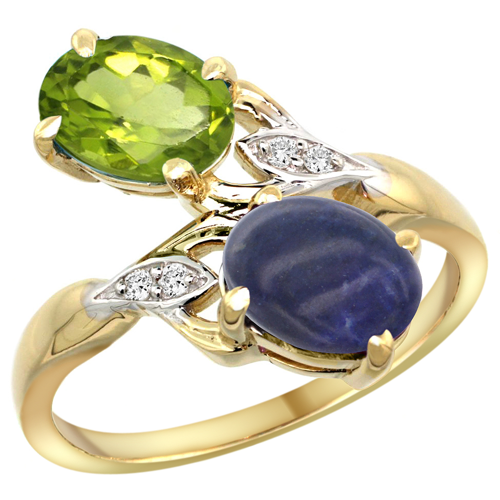 10K YELLOW GOLD DIAMOND NATURAL PERIDOT & LAPIS 2-STONE RING OVAL 8X6MM, SIZES 5 - 10