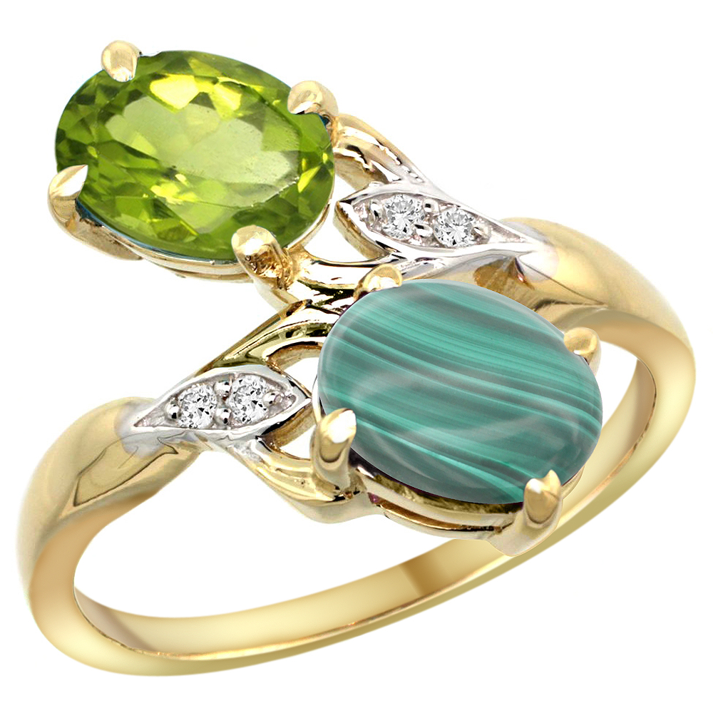 10K YELLOW GOLD DIAMOND NATURAL PERIDOT & MALACHITE 2-STONE RING OVAL 8X6MM, SIZES 5 - 10