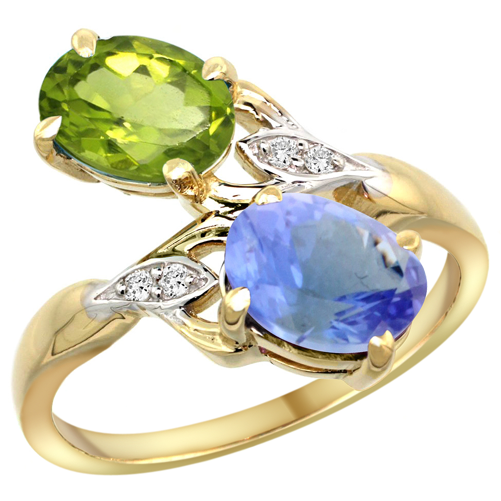 10K YELLOW GOLD DIAMOND NATURAL PERIDOT & TANZANITE 2-STONE RING OVAL 8X6MM, SIZES 5 - 10