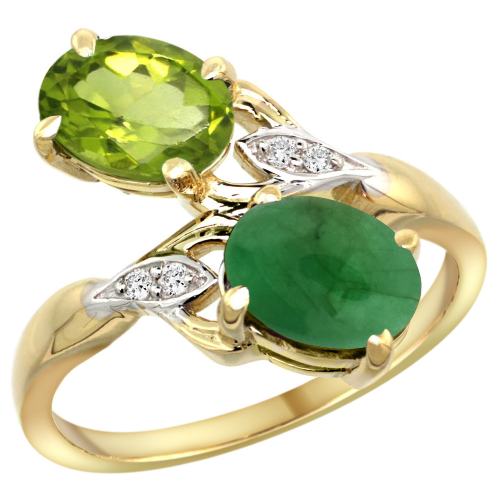 10K Yellow Gold Diamond Natural Peridot &amp; Cabochon Emerald 2-stone Ring Oval 8x6mm, sizes 5 - 10