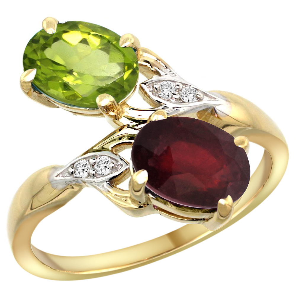 10K Yellow Gold Diamond Natural Peridot & Quality Ruby 2-stone Mothers Ring Oval 8x6mm, size 5 - 10