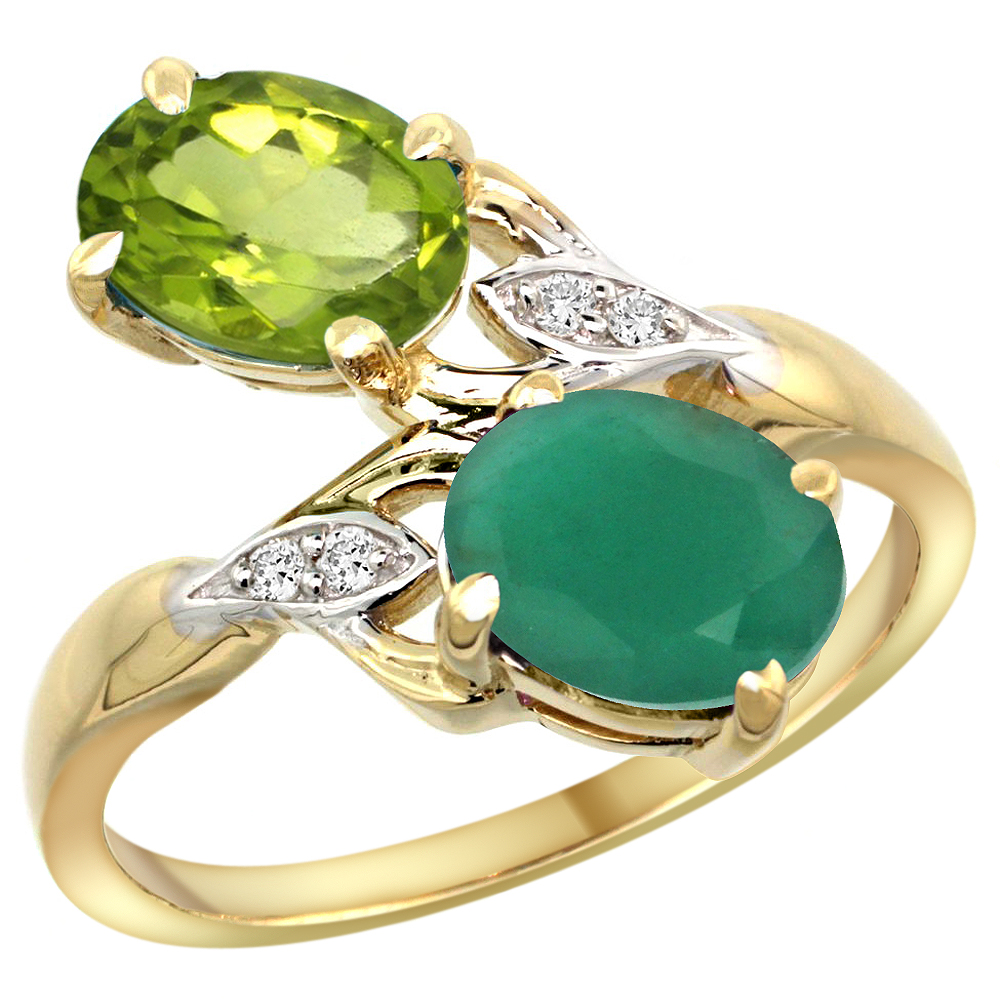 10K Yellow Gold Diamond Natural Peridot & Quality Emerald 2-stone Mothers Ring Oval 8x6mm, size 5 - 10