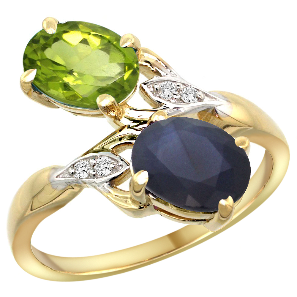14k Yellow Gold Diamond Natural Peridot & Quality Blue Sapphire 2-stone Mothers Ring Oval 8x6mm,sz5 - 10