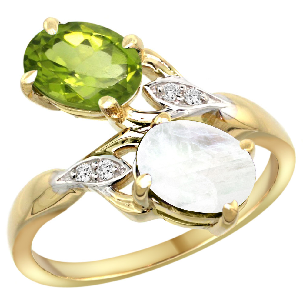 10K YELLOW GOLD DIAMOND NATURAL PERIDOT & RAINBOW MOONSTONE 2-STONE RING OVAL 8X6MM, SIZES 5 - 10