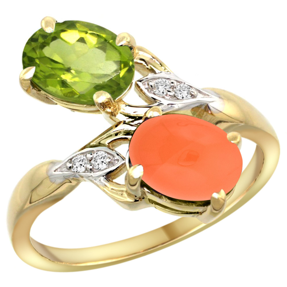 10K YELLOW GOLD DIAMOND NATURAL PERIDOT & ORANGE MOONSTONE 2-STONE RING OVAL 8X6MM, SIZES 5 - 10