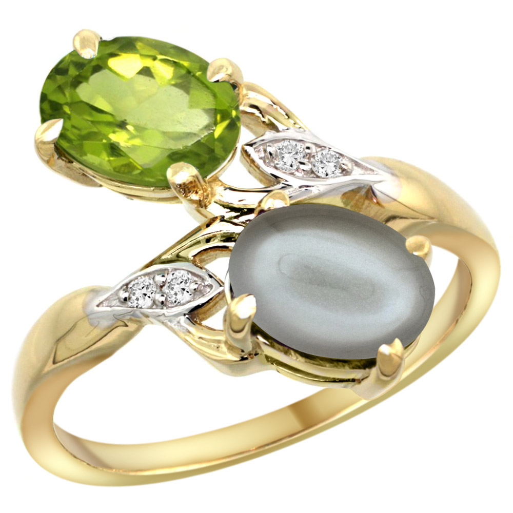 10K Yellow Gold Diamond Natural Peridot &amp; Gray Moonstone 2-stone Ring Oval 8x6mm, sizes 5 - 10