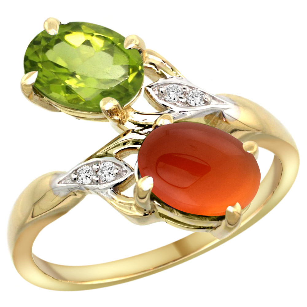 14k Yellow Gold Diamond Natural Peridot & Brown Agate 2-stone Ring Oval 8x6mm, sizes 5 - 10