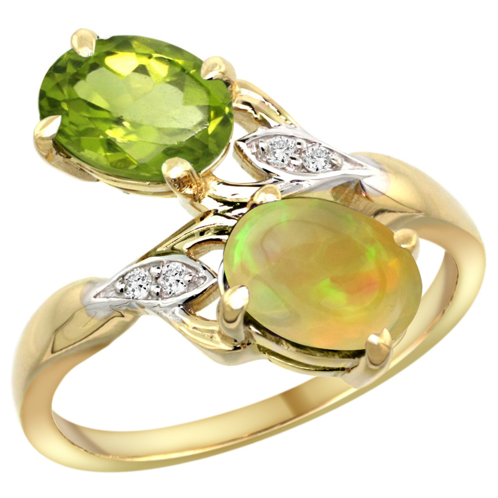 10K Yellow Gold Diamond Natural Peridot &amp; Ethiopian Opal 2-stone Mothers Ring Oval 8x6mm, size 5 - 10